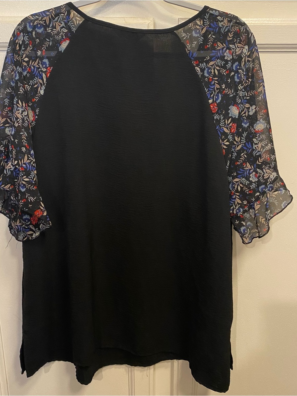 BloomChic Black Tie-Neck Blouse with Floral Sleeves - Picture 2 of 7